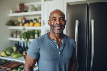 Portrait of a smiling middle aged fit man in modern kitchen with fresh vegetables