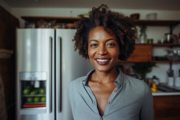 Portrait of a smiling middle aged fit woman in modern kitchen with fresh vegetables