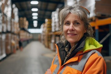 Wall Mural - Smiling portrait of middle aged female warehouse worker