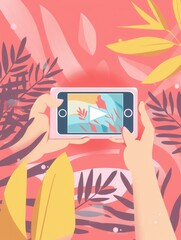 Wall Mural - An illustration of hands holding a device with a colorful video playing on the screen, set against a backdrop of vibrant foliage. Generative AI