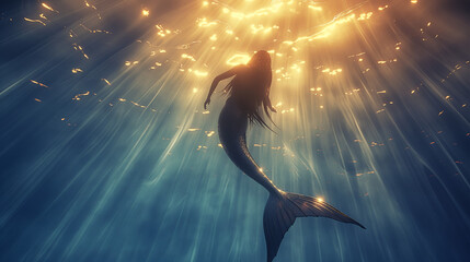 Mermaid swimming near the surface with sunlight streaming down