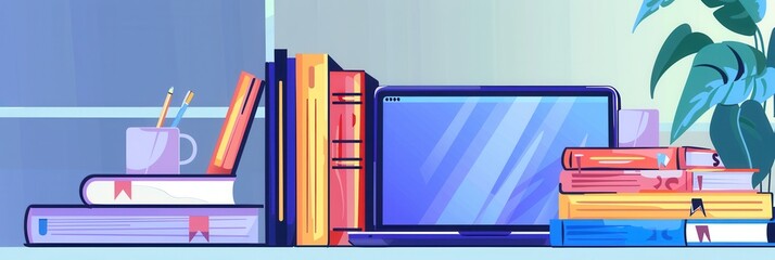 Aufkleber - A laptop sits next to stacks of colorful textbooks, representing the blend of traditional and modern methods of learning. Generative AI