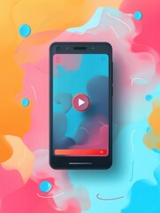 Leinwandbilder - A smartphone with a bright and colorful background displays a streaming app with a play button, suggesting active video content. Generative AI