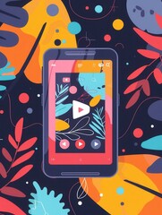 Aufkleber - A smartphone with a bright, colorful screen displaying a video streaming interface. The play button is prominent, suggesting the user is ready to watch content. Generative AI
