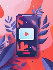 Aufkleber - A vibrant illustration of a smartphone with a video streaming app open on the screen. The phone is surrounded by abstract foliage, creating a dynamic and engaging visual. Generative AI