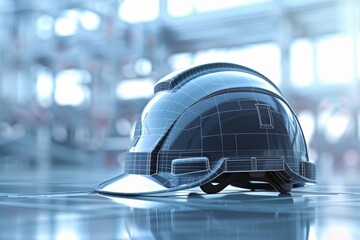 Wall Mural - Architectural hard hat with 3d rendering and blueprint, featuring background structures