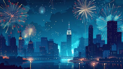 Wall Mural - Celebrate Independence Day with this banner! It features fireworks, a cityscape, and a blue background.