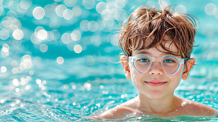 Close-up of a boy with swimming goggles enjoying a pool. Perfect for swim schools, summer camps, and children's activity promotions. Concept: childhood joy, active lifestyle, water fun