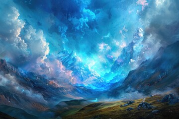 Poster - A serene mountain landscape with a clear blue sky, ideal for use in outdoor-themed projects such as travel or nature magazines