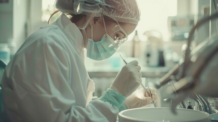 Aufkleber - A woman wearing a white lab coat and face mask, ready for work or research
