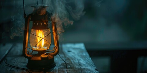 Aufkleber - A lit lantern sits on top of a wooden table, providing warm light
