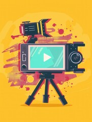 Aufkleber - A colorful illustration of a digital camera mounted on a tripod with a play button displayed on the screen, ready to film and stream video content. Generative AI