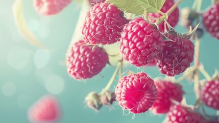 Wall Mural - Ripe sweet raspberries on a pale green background up close