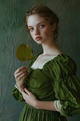 Wall Mural - A woman holds a leaf in her hand, dressed in green
