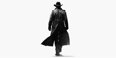 Poster - A man wearing a trench coat and hat walks down the street, possibly on his way to work or running an errand