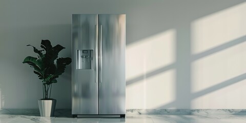 Wall Mural - A silver refrigerator sits next to a plant in a cozy room
