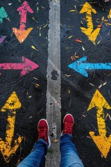Poster - A person standing on a street with colorful arrows painted on the ground, providing directions or emphasizing a message