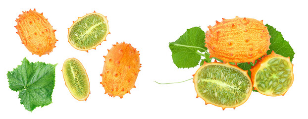 Wall Mural - Kiwano or horned melon with leaves isolated on white background, Top view. Flat lay.