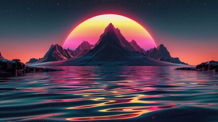 An 80s retro-futuristic sci-fi landscape featuring a dramatic mountain silhouette against a vibrant, neon sunset, with reflective water in the foreground.