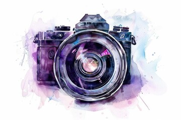 Aufkleber - A watercolor illustration of a camera sitting on a clean and simple white background