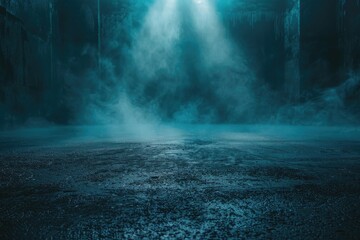 Poster - A dimly lit room filled with fog, illuminated by a light source from above