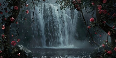 Poster - A serene waterfall surrounded by dense foliage