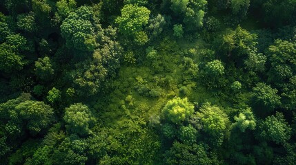 Poster - Aerial view of a dense and vibrant green forest with trees and foliage visible from above