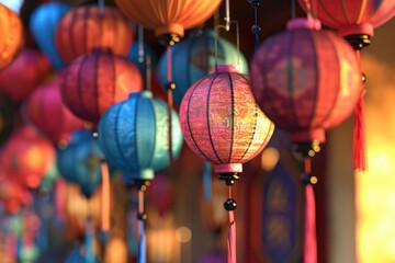 Poster - A collection of colorful paper lanterns hanging from a ceiling, great for parties and celebrations