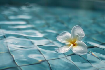 Poster - A single white flower floats on the surface of a calm pool of water