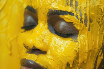 Poster - A close-up view of a person's face with yellow face paint, great for creative projects