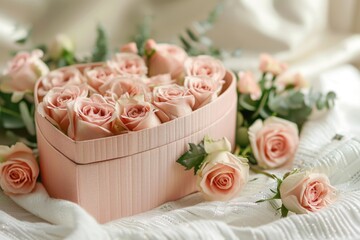 Canvas Print - A heart-shaped box filled with fresh pink roses, perfect for romantic gestures and celebrations