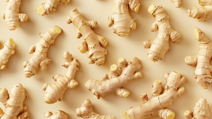 Poster - A close-up shot of a bunch of fresh gingers on a table, perfect for cooking or decoration