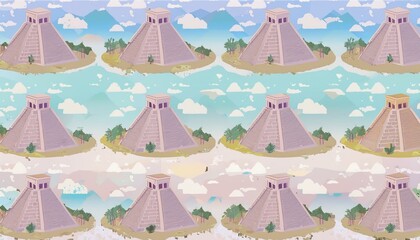 Wall Mural - Vector Illustration of ancient Mayan pyramids in the jungle in daytime 3D avatars set vector