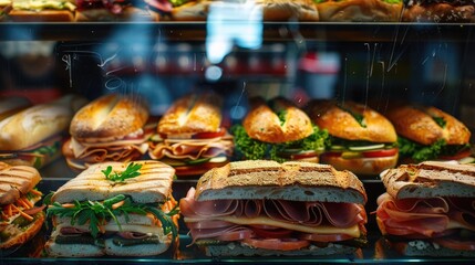 Poster - A colorful display case filled with various types of sandwiches