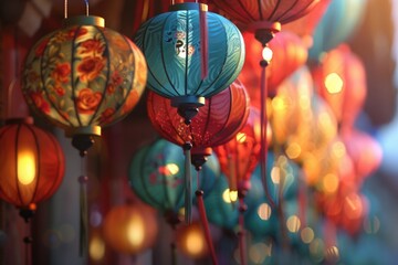 Poster - A collection of vibrant lanterns suspended from the ceiling, ideal for use in event or party decoration