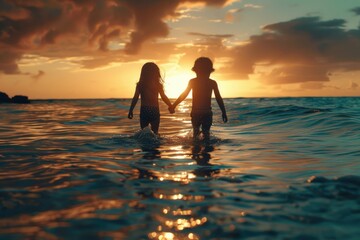 Poster - Couple stands together in shallow water with calm surroundings