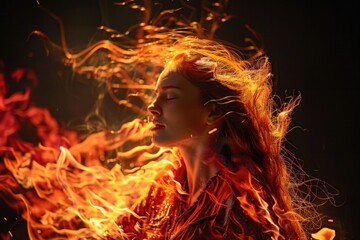 Leinwandbilder - A woman with long red hair stands out against a fiery backdrop