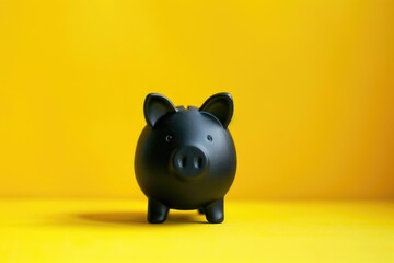 Canvas Print - A black piggy bank sits on a bright yellow background, ideal for financial or money-related concepts