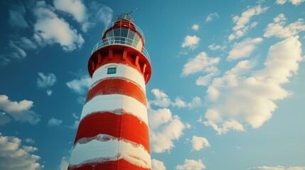 Poster - A traditional lighthouse with a red and white striped tower stands tall under a cloudy blue sky