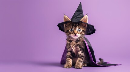 Wall Mural - A cute kitten dressed in a witch costume with a black hat and purple cape, sitting on a purple background