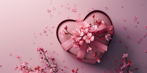 Wall Mural - A heart-shaped box wrapped in pink ribbon and surrounded by flowers