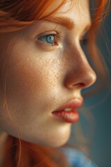 Wall Mural - Close-up shot of a woman's face with distinct freckles