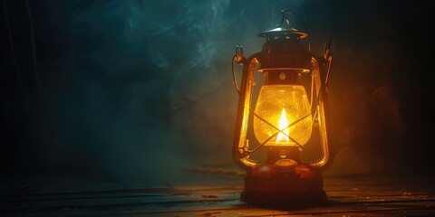 Poster - A lit lantern sitting on a wooden table, great for decorative or atmospheric purposes