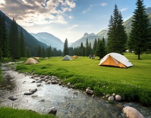 camping tent in the forest.summer camp ,tent, backpack . landscape with mountain, forest,babbling an