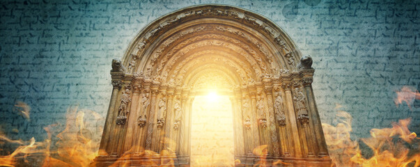 Wall Mural -   Portal of cathedral against background of biblical texts with effect overlay mode on texture ancient paper. Background on theme of history, religion, renaissance, Middle Ages