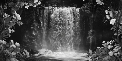Poster - A serene waterfall photographed in monochrome tones, perfect for use in designs where you want to emphasize texture and simplicity