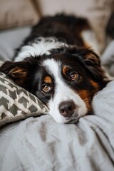 Wall Mural - A black and white dog relaxing on a bed, great for pet-related or home-themed images