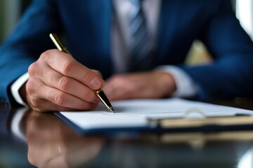 A man in a suit is writing with a pen on a piece of paper. Concept of professionalism and formality, as the man is dressed in a suit and tie