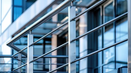 Poster - A close-up shot of a metal handrail near a building, suitable for architectural or urban landscape uses