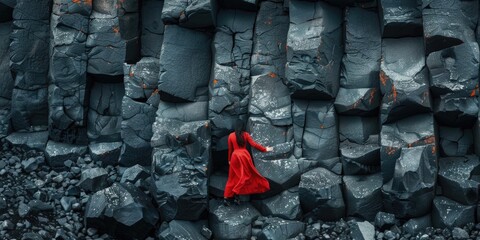 Aufkleber - A woman wearing a bright red dress stands against a rocky backdrop, looking out at the viewer